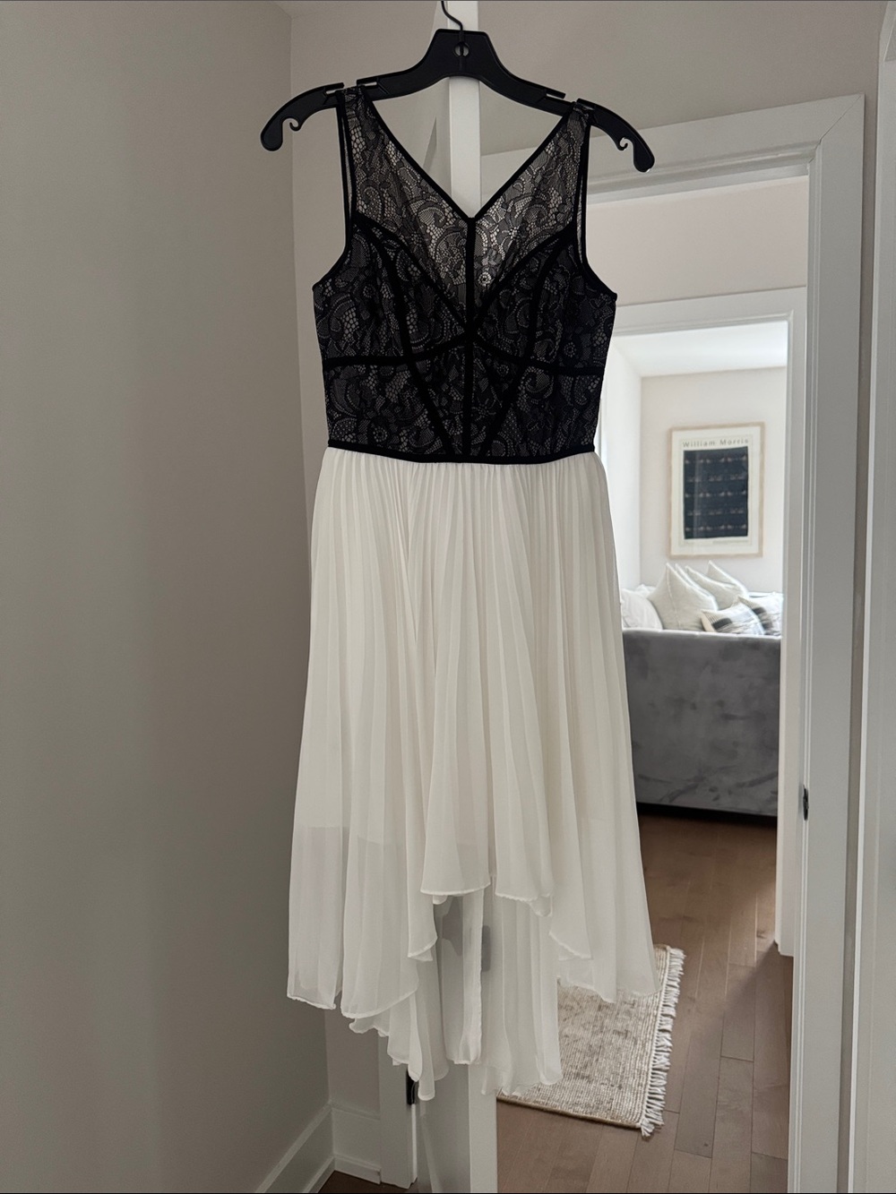 BCBG Black Lace Bodice with White Chiffon Asymmetrical Skirt Dress